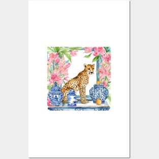 Preppy cheetah and chinoiserie jars watercolor Posters and Art